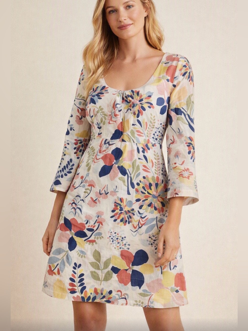 Boden 100% Linen Floral Scoop Neck A-Line Dress 3/4 Sleeve UK 8 US 4